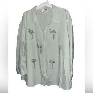Vintage Tia Designs Women’s Striped Palm Tree Embroidered Button-Up Shirt sz L